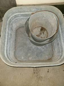 lot 5025 image: 3 Vintage Galvanized Metal Buckets. The larger square one is 14 x 14