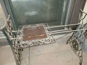 lot 5026 image: Rod Iron Treadle. Approximately 28 tall x 35 wide x 19 deep at base and 12 wide at top. Plus 2 metal picture frames