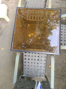 lot 5100 image: Outdoor Patio Table with 3 chairs. Table is 27 x 30 x 30