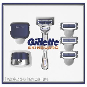 lot 23160 image: Gillette SkinGuard Mens Razor Holiday Gift Pack including 1 Razor, 4 Blades, 1 Cap and 1 Stand