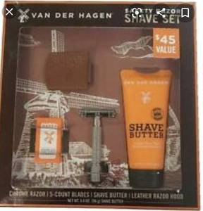 lot 23292 image: Van Der Hagen Safety Razor Shave Set Gift Kit Shave Lotion Butter 5 Replacement