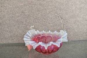 lot 1319 image: Vintage Red Ruffled Edge Glass Basket wClear Handle  7 12 Tall