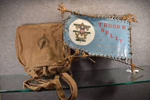 lot 1338 image: Vintage Boy Scout Handmade Sign & Backpack