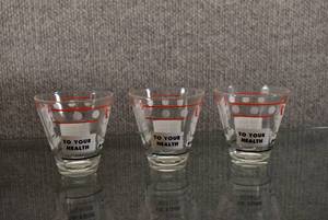 lot 1389 image: Lot of 3 Libby The Best To You  To Your Health Lyre & Quill MCM Shot Glasses  2.75 Tall