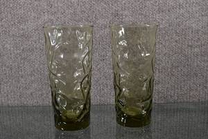 lot 1393 image: Lot of 2 Libbey Glass AZTEC Olive Green Tumblers MCM  Geometric Texture  6.5 Tall