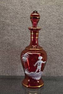lot 1424 image: Vintage Mary Gregory Cranberry Decanter with Gold Trim  12 Tall