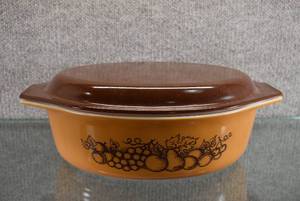 lot 1502 image: Vintage Pyrex Casserole Dish wLid Old Orchard Pattern  2-12 Qt  12