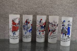 lot 1508 image: Set of 5 Vintage Federal Glass Frosted Square Dance Tumblers  Square Dance Songs on Glasses  6 58 Tall