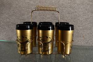 lot 1521 image: Vintage Set of 6 NFC Deer Drinking Tumblers wCarrier  Tumblers 5 Tall MCM Insulated Cups