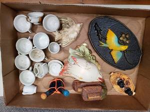 lot 1565 image: Vintage Surprise Box Full of Chalkware Pieces  Tea Set, Bird, Salt and Pepper Shakers  Contains 22 Pieces