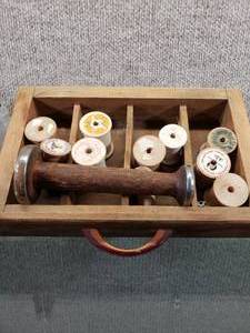 lot 1569 image: Vintage Wood Drawer w Wood Spools, Clothes Pins  Large and Small Spools