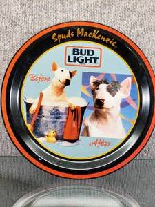 lot 1581 image: Vintage Spuds MacKenzie Bud Light Beer Metal Tray 1996  12 Round