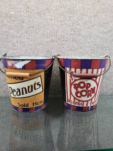 lot 1592 image: Lot of 2 Metal Fresh Popcorn Buckets wHandles  6 12 Tall