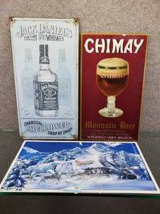 lot 1598 image: Lot of 3 Chimay Beer, Coors Light, Jack Daniels Metal Sign  8 12 x 9
