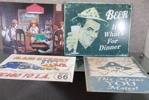 lot 1599 image: Lot of 4 Funny Metal Metal Signs  Poker dogs, Keep Out, Route 66, Whats for Dinner  13 x 16