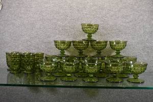 lot 1384 image: Lot of 24 Whitehall Avocado Green Colony Glasses  19 ChampagneTall Sherbet Glasses & 5 Juice Glasses  Sherbet Glasses - 3.5 Tall