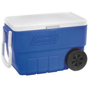 lot 4354 image: Coleman 50-Quart Wheeled Cooler with Low-Profile Lid, Blue