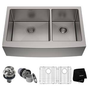 lot 1143 image: Kraus 33 inch Farmhouse Apron 6040 Double Bowl 16 gauge Stainless Steel Kitchen Sink