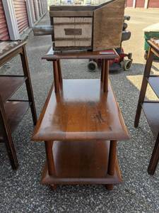 lot 2940 image: 3 Tiered Wooden Table And Wooden Bird House