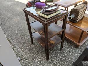 lot 2941 image: Antique Glass Top Wooden Table And Assorted Items