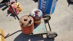 lot 2994 image: (2) Metal Gas Cans With Rolling Cart