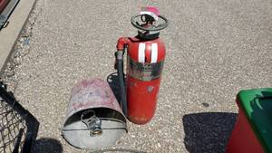 lot 4155 image: Antique Dry Chemical Fire Extinguisher With Firemans Bucket And Fire Hose Nozzle