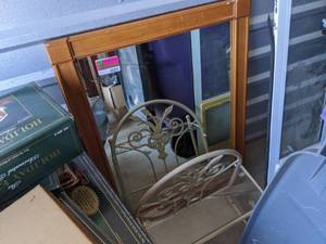 lot 4201 image: Wood Framed Mirror And Wall Hanging Shelf