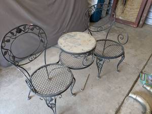 lot 4204 image: Two Patio Chairs With Connected Glass Table And Cushions, Glass Broken