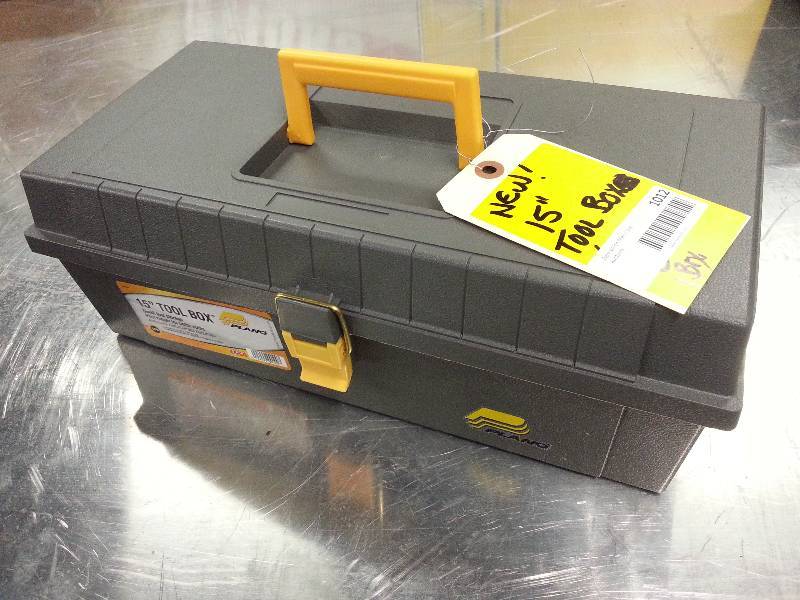 lot 1012 image: Brand spankin NEW 15 overall length tackle or tool box with handle and no insert tray