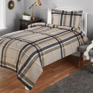 lot 511011 image: Mainstays Twin or Twin XL Plaid Printed Black & Tan Comforter Mini Set, 2 Piece