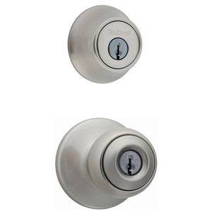 lot 36 image: Kwikset 690 Polo Keyed Entry Knob and Single Cylinder Deadbolt Combo Pack in Satin Nickel