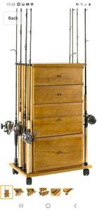 lot 61135 image: Old Cedar Outfitters Organized Fishing Four Drawer Cabinet for Fishing Rod and Tackle Storage, Holds up to 12 Fishing Rods, Oak Finish, FDC-004, 4 Drawer