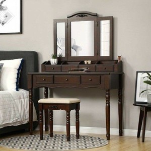 lot 61180 image: VASAGLE Vanity Table. (MIRROR IS BROKEN, MISSING MIDDLE CUBBIES, MISSING STOOL)