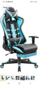 lot 61192 image: Homall Ergonomic High-Back Racing Chair  Leather Bucket Seat, Headrest, Footrest and Lumbar Support  Black & Blue
