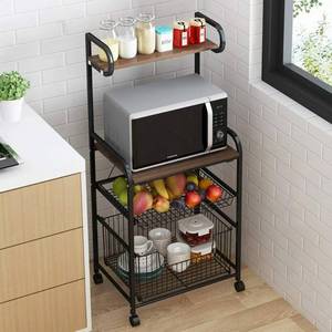 lot 61193 image: 4 Tier Metal Kitchen Bakers Rack Rolling Utility Cart Spice Rack Microwave Oven Stand Shelf Utensil Holder Drawer Organizer Fruit Vegetable Storage Basket