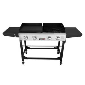 lot 61259 image: Royal Gourmet GD401 Portable Propane Gas Grill and Griddle Combo,4-Burner,Griddle Flat Top, Folding Legs,Versatile Outdoor Camping Stove with Side Table,Black