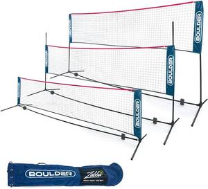 lot 61276 image: Boulder Portable Badminton Net Set - for Tennis, Soccer Tennis, Pickleball, Kids Volleyball - Easy Setup Nylon Sports Net with Poles (BlueRed, 10 FT)