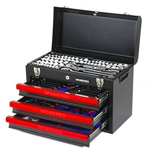 lot 61293 image: WORKPRO 408-Piece Mechanics Tool Set with 3-Drawer Heavy Duty Metal Box, W009044A