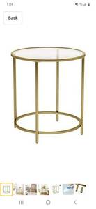 lot 61294 image: VASAGLE Round Side Table, Tempered Glass End Table with Golden Metal Frame, Small Coffee Table, Bedside Table, Living Room, Balcony, Robust and Stable, Decorative, Gold ULGT20G