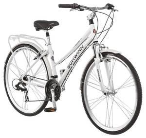 lot 61316 image: Schwinn Discover Hybrid Bike for Men and Women, 21-Speed, 28-inch Wheels, 16-inchSmall Frame, White