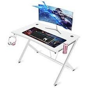 lot 61321 image: Mr IRONSTONE White Gaming Desk 45.3 Gaming Table Home Computer Desk with Cup Holder and Headphone Hook Gamer Workstation Game Table (45.3 Wx29 D) (White) (MISSING HARDWARE AND DAMAGED)