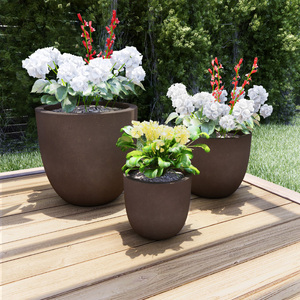 lot 61324 image: Pure Garden 50-LG1186 Set of 2 Fiber Clay Planters �� Antique Brown Weather Resistant Modern Round Outdoor Replanting Pots with Drainage Holes