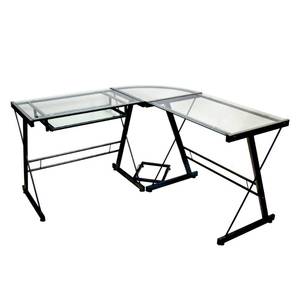 lot 61334 image: Walker Edison - Modern L-Shaped Tempered Glass Computer Desk - ClearBlack