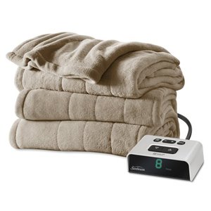 lot 61356 image: Sunbeam Electric Heated Microplush Channeled Blanket, Twin, Beige