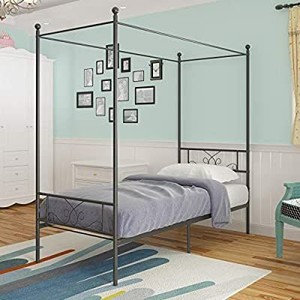 lot 61363 image: WeeHom Metal Canopy Bed Frame Platform Bed 4 Posters Sturdy Steel Mattress Foundation with Headboard and Footboard Box Spring Replacement Easy DIY Assembly Twin,Black