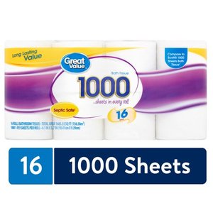 lot 2558 image: Great Value 1000 Bath Tissue Rolls, 16 count