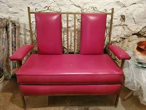 lot 11 image: Red Leather Brass Frame Mid Century Modern Bench