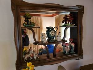 lot 2111 image: VERY COOL Hanging Wall Mirror with Shelving. CONTENTS NOT INCLUDED. 34 X 27.5 inches