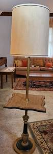 lot 2120 image: Self Standing Lamp with Side Table. with Brass Base