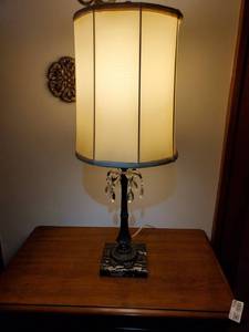 lot 2121 image: Granite and Brass Base Lamp. with Hanging Jewls